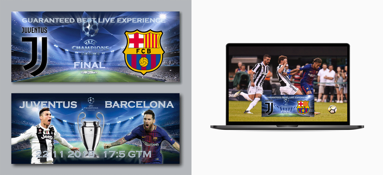 Football banner graphic: Juventus vs. Barcelona match with players and UEFA Cup.
