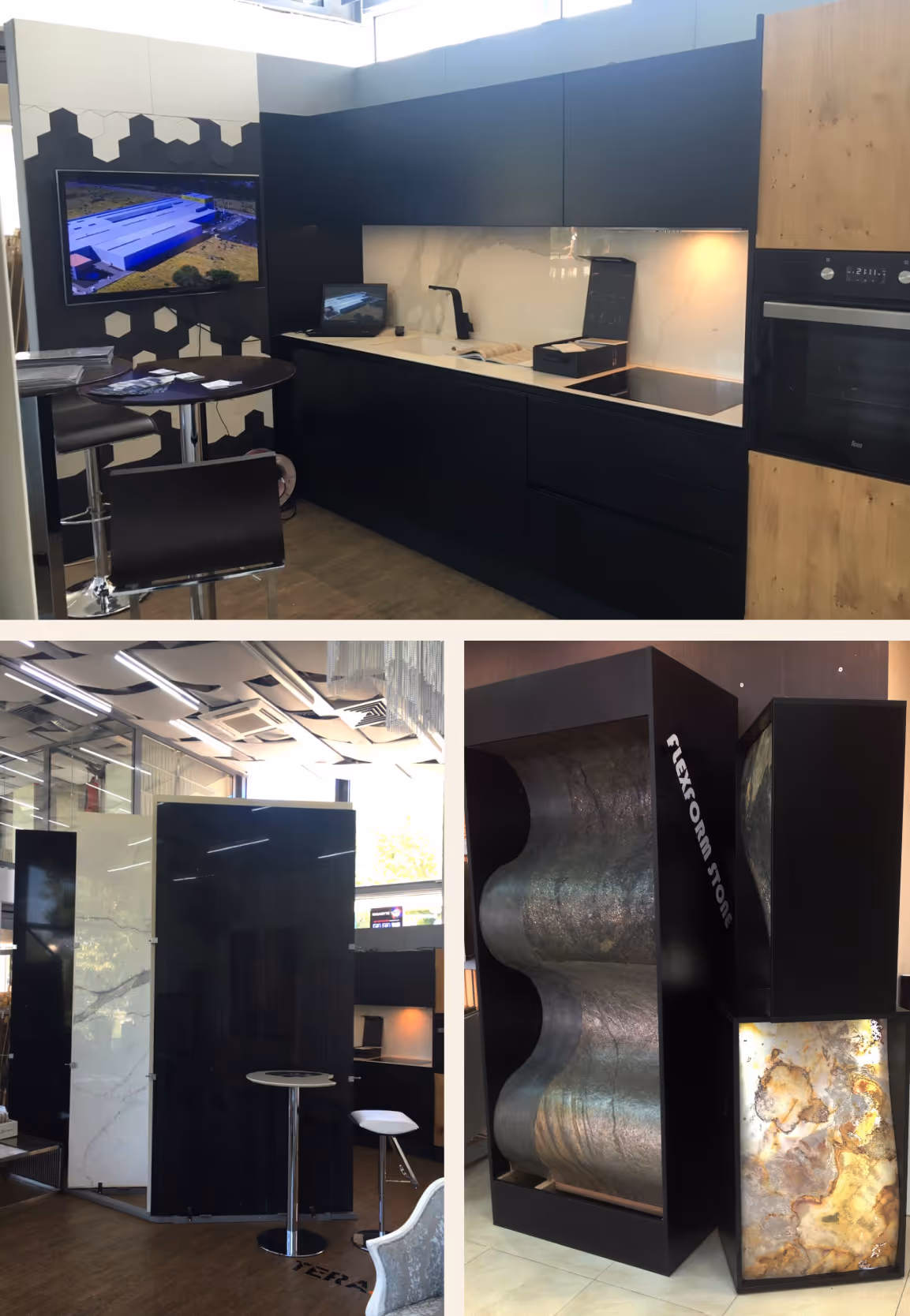 Exhibition stand featuring company ceramic tiles and product layout.