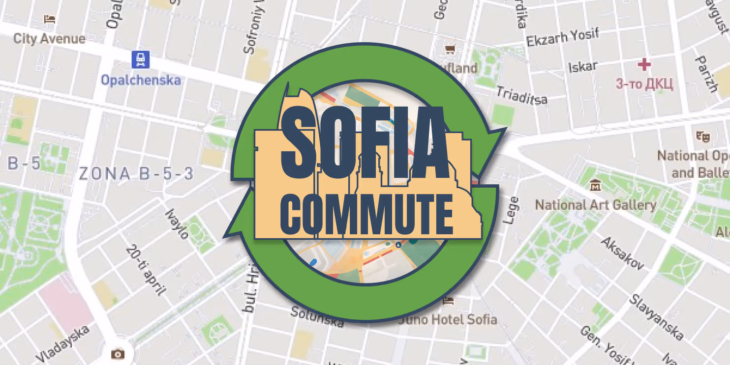Logo of Sofia Commute app, placed on a Sofia city map linked to full design case study.