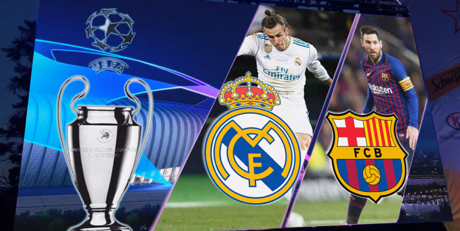 Video wall graphic: Real Madrid vs. Barcelona match with players and UEFA Cup.