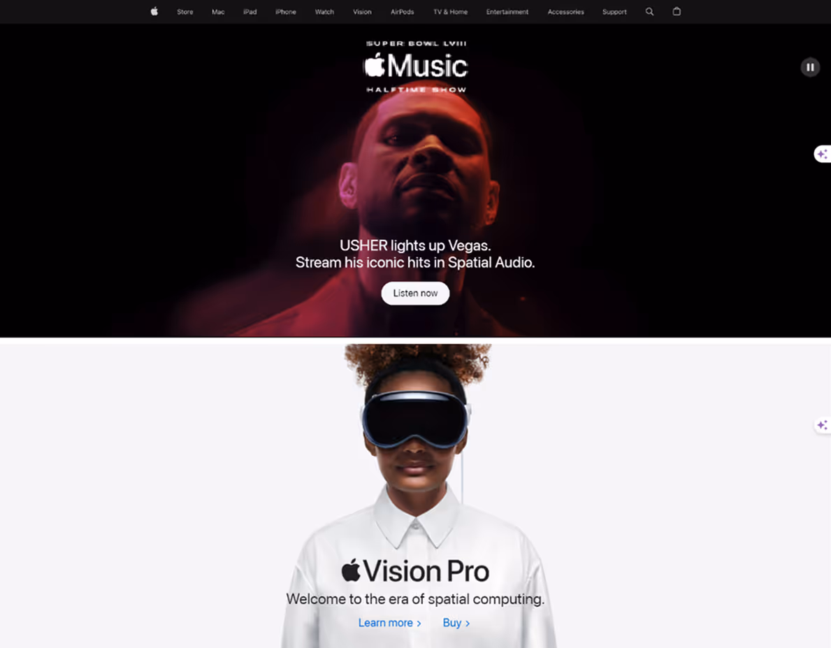 Screenshot of Apple’s homepage featuring Apple Music and Vision Pro, used in a UX case study.