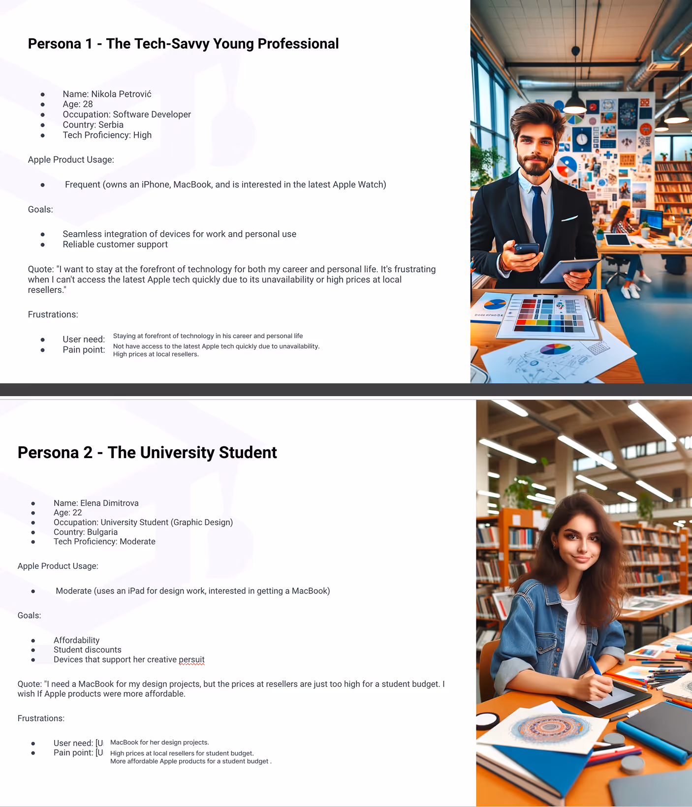 UX research personas showing a tech-savvy young professional and a university student, each with different Apple product needs, frustrations, and goals.