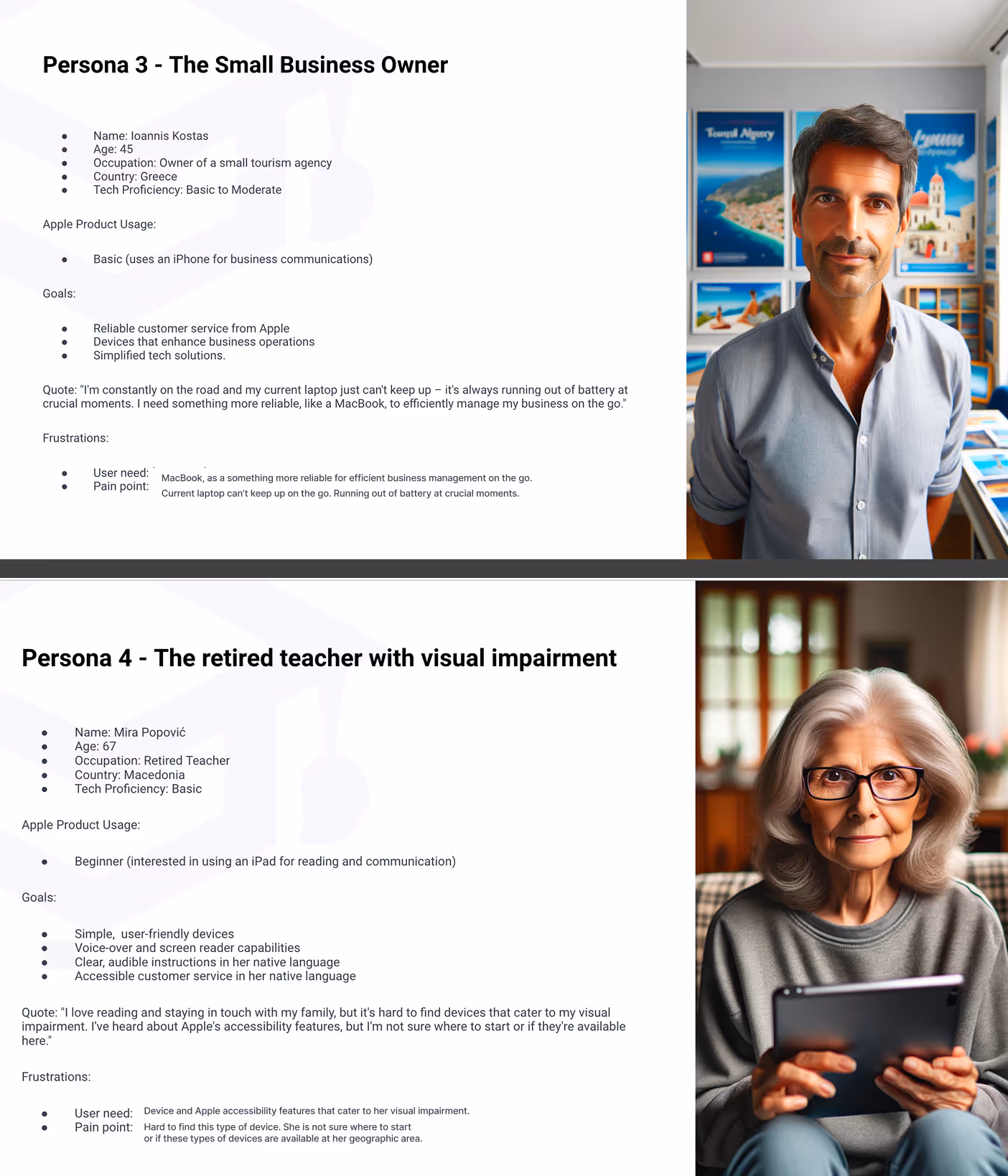 UX research personas showing a Small Business Owner and retired teacher with visual impairment, each with different Apple product needs, frustrations, and goals.