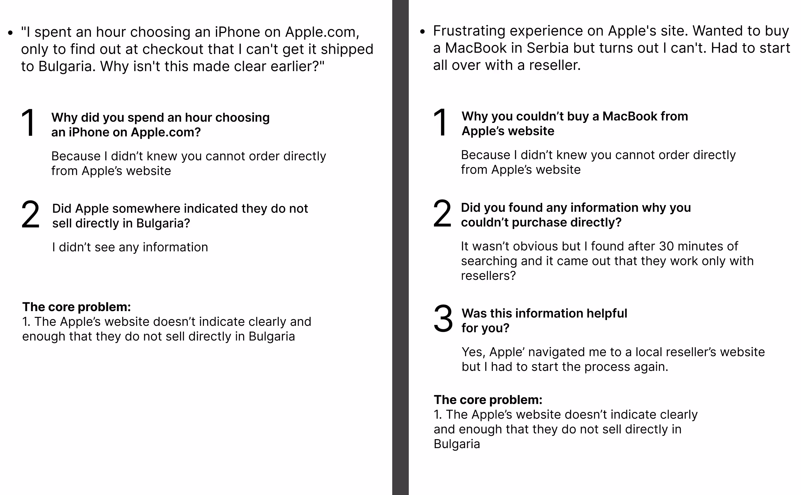 UX Case study Apple site: Screenshot of Five Why's method and identification of key pain points. featuring Apple Music and Vision Pro, used in a UX case study.