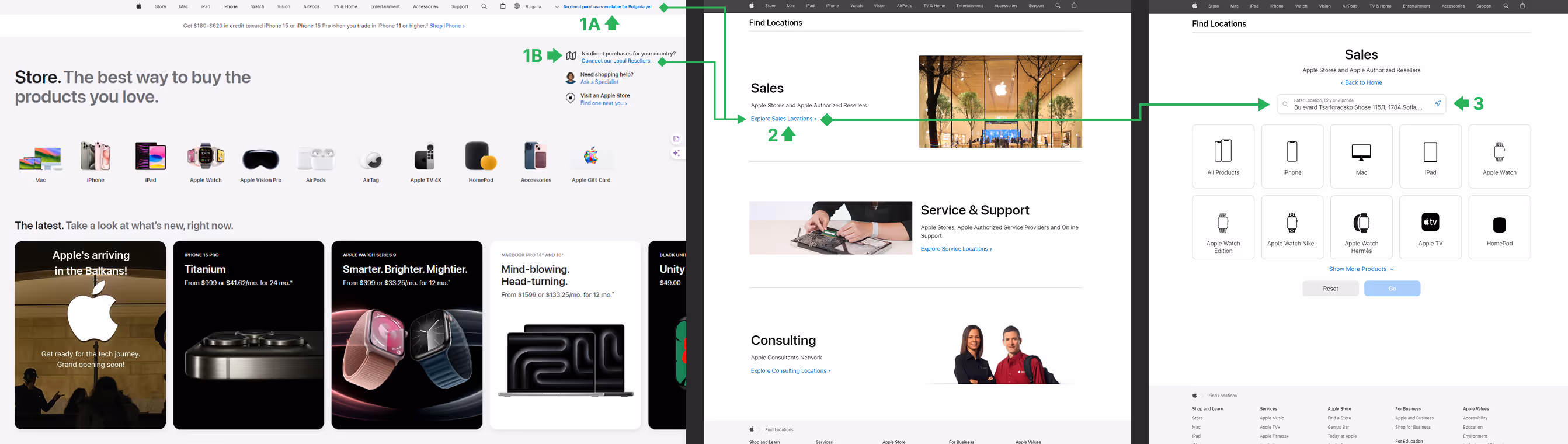 Three step UX flow showing how Apple Store informs Balkan users about unavailable direct purchases, redirects them to local resellers, and promotes upcoming official store openings.