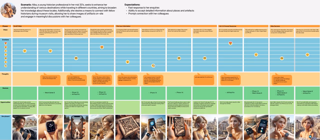 Customer journey map for Alba, a traveling historian using Siri 2.0 to explore destinations and artifacts, featuring emotional mapping, device usage, interaction stages, and storyboard visuals for each step of her tourist experience.