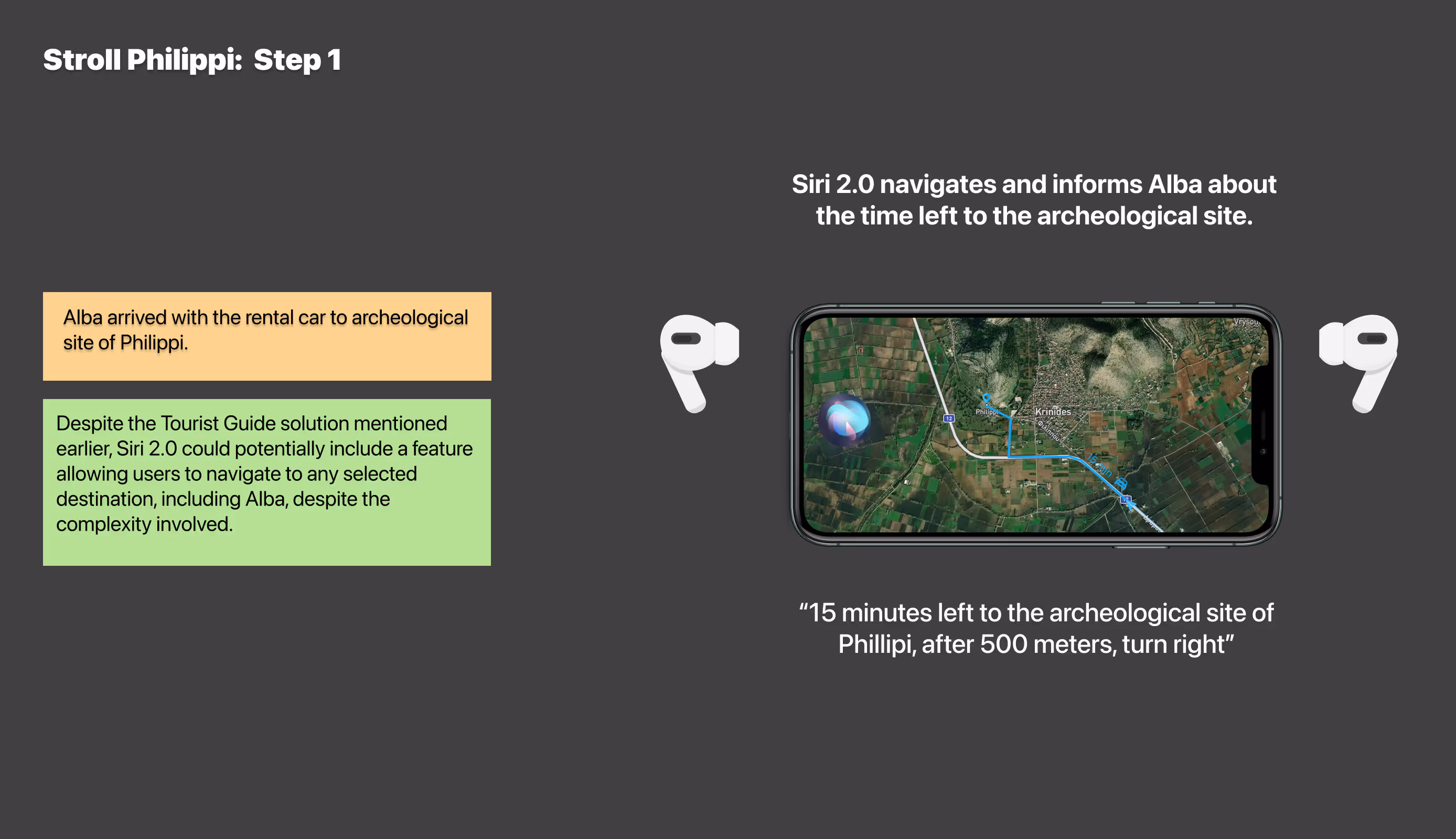 First step in Siri 2.0 tourist journey for Alba, showing navigation guidance to the archeological site of Philippi with estimated arrival time and voice instructions on iPhone.