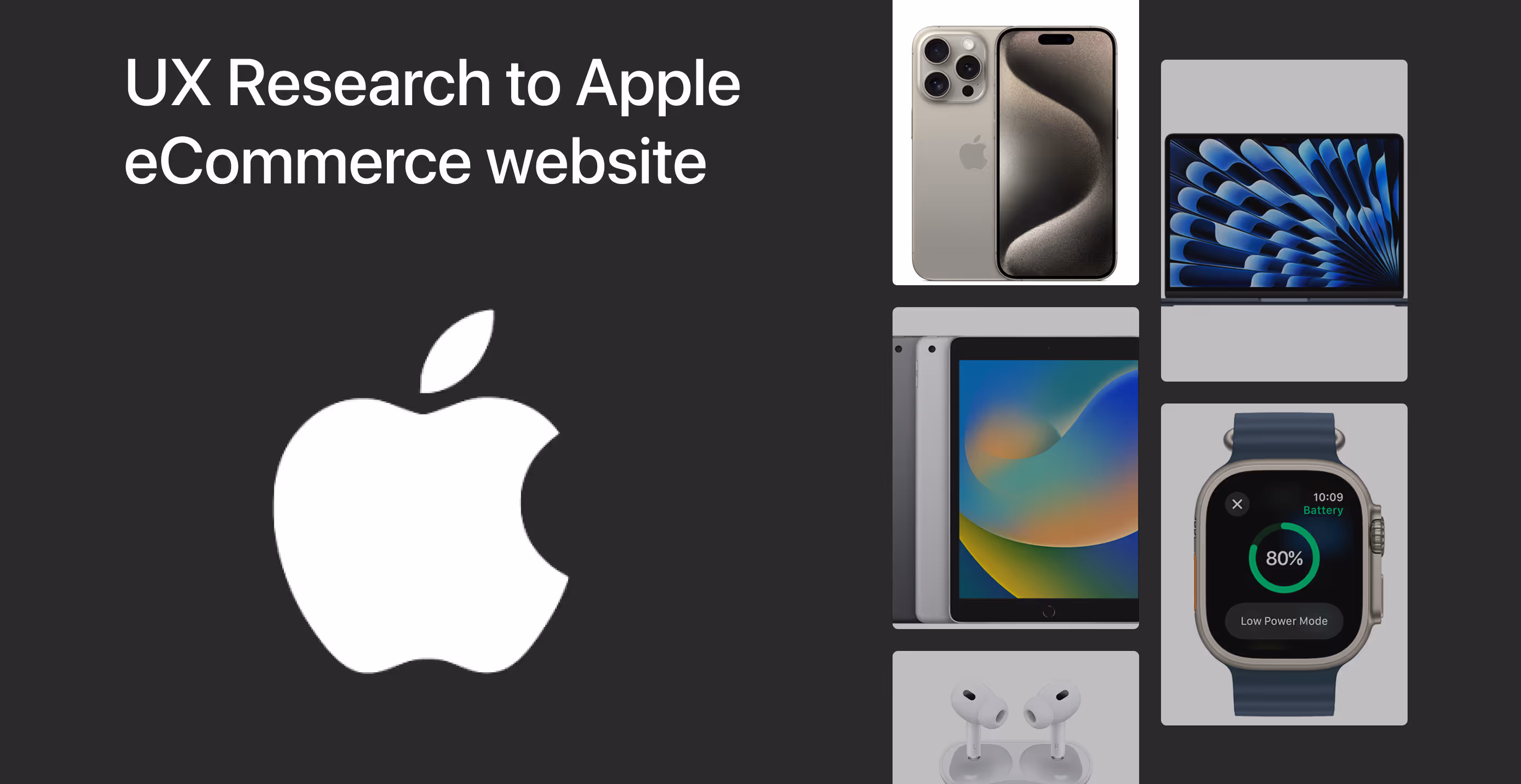 Cover image for UX research case study on Apple’s eCommerce website, showing Apple logo and product visuals including iPhone, iPad, MacBook, Apple Watch, and Air Pods.