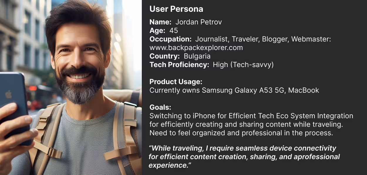 User persona profile of Jordan Petrov, a 45-year-old tech-savvy journalist and travel blogger from Bulgaria, seeking to switch from Android to iPhone for better content creation and ecosystem integration while traveling.