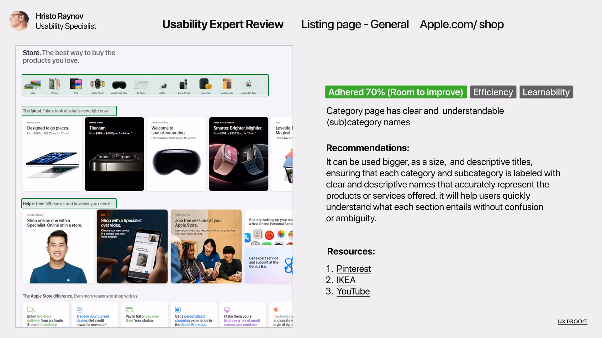 Usability expert review slide assessing Apple.com/shop's category page. Highlights a 70% adherence score (Room to improve) focused on efficiency and learnability. Notes clear and understandable subcategory labels, with recommendations to enlarge and enhance descriptive headings for better content recognition. Includes annotated Apple store screenshot and references to Pinterest, IKEA, and YouTube as best practices.