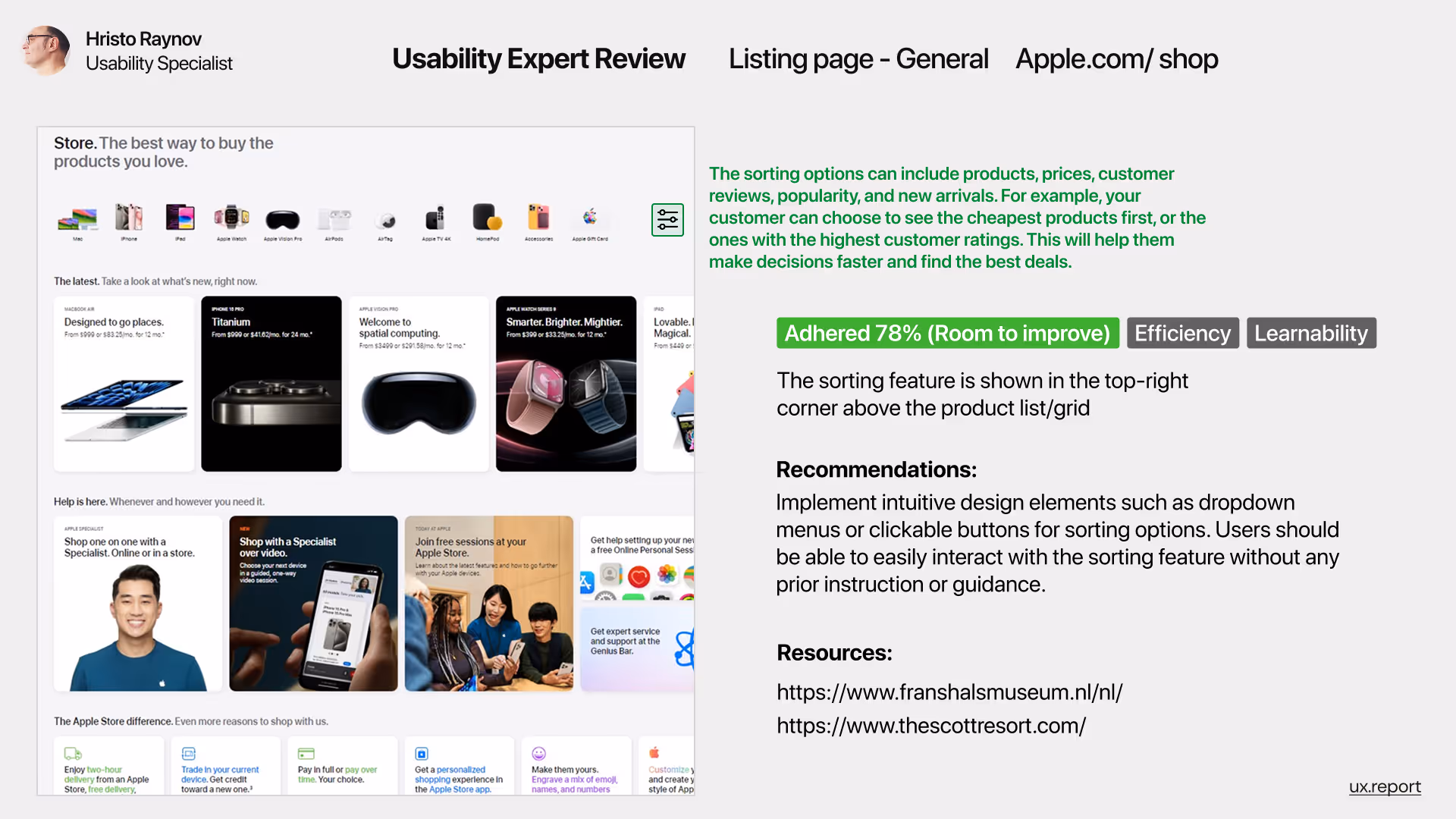 Usability review of Apple.com/shop’s product card layout showing clear product variant options like size and color. The evaluation, rated at 79% (Room to Improve), highlights recommendations for improving visual representation of variants through larger swatches or clearer labels to support efficiency and learnability.