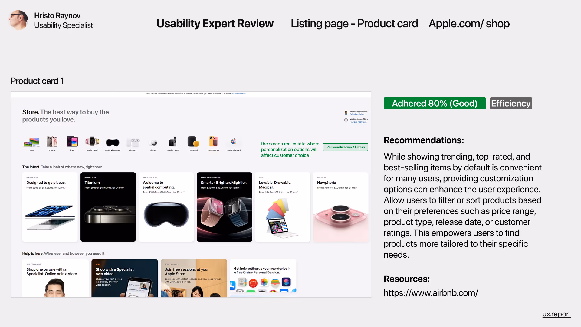 Usability expert review of Apple.com/shop's product card layout, scoring 80% for efficiency. The image highlights how customization and filtering options like price, release date, and customer ratings can enhance user experience. A recommendation suggests empowering users to filter or sort items based on personal preferences, with Airbnb cited as a benchmark example.