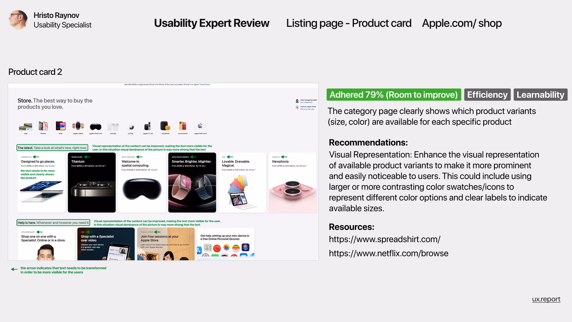 Usability evaluation of product badges in Apple.com/shop’s product card thumbnails. The review shows a 30% adherence score (Room to Improve) in terms of memorability. Recommendations suggest improving clarity and visibility of badges such as “Best-seller” or “Fast delivery” to better convey relevant product information without ambiguity.