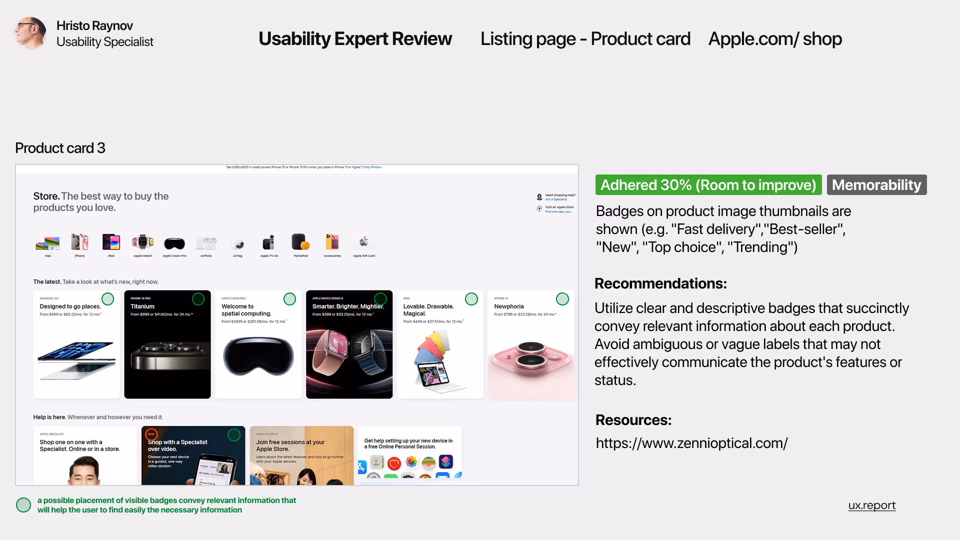 Usability evaluation of product badges in Apple.com/shop’s product card thumbnails. The review shows a 30% adherence score (Room to Improve) in terms of memorability. Recommendations suggest improving clarity and visibility of badges such as “Best-seller” or “Fast delivery” to better convey relevant product information without ambiguity.
