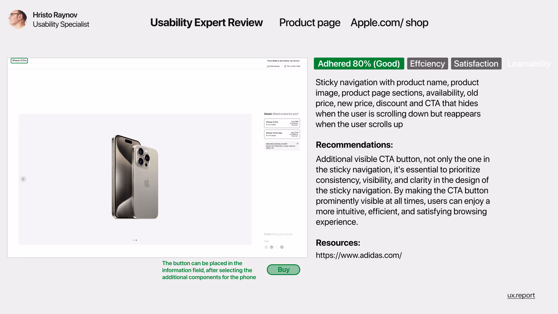 Usability review of Apple.com/shop’s product page highlighting sticky navigation with product name, image, price, and a hidden CTA that reappears when scrolling up. The assessment scored 80% (Good) for efficiency and satisfaction. Recommendations include keeping the CTA button consistently visible to enhance usability, clarity, and user engagement.