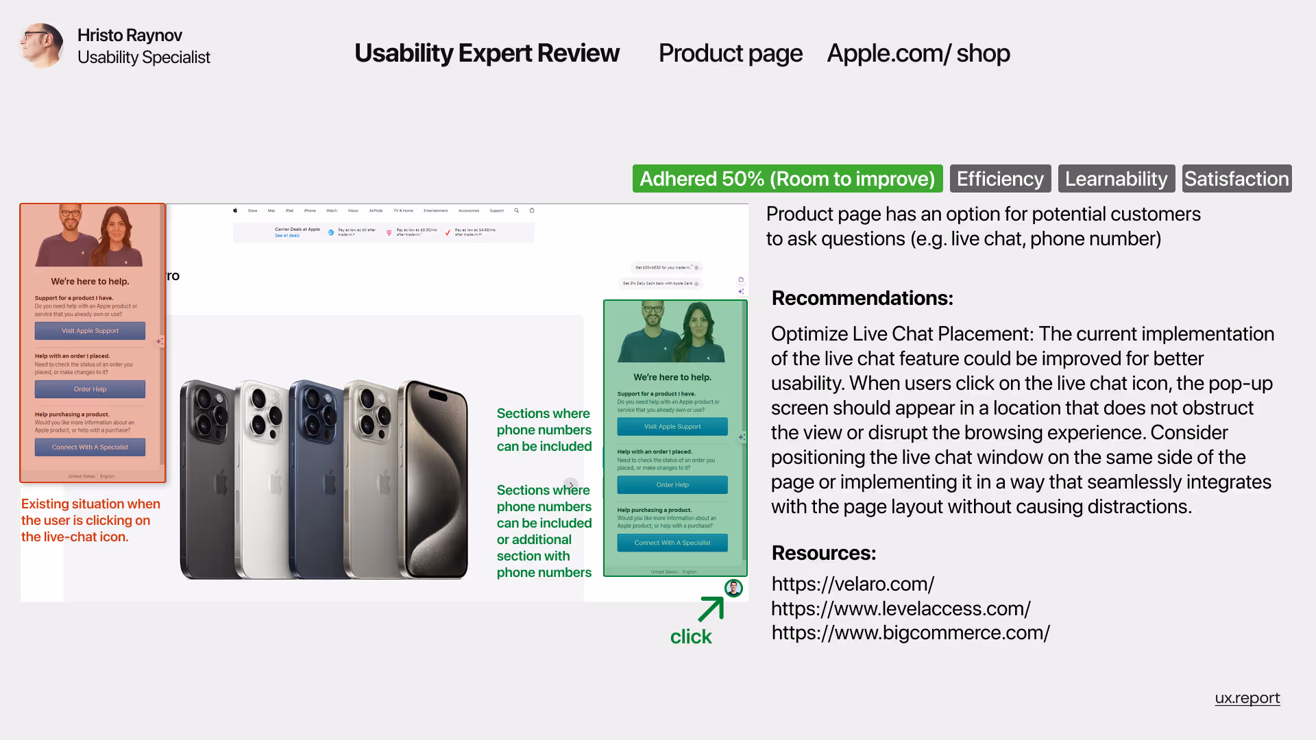 UX review of Apple.com/shop’s product page focusing on the usability of the live chat feature. The image shows issues with current pop-up placement interfering with the browsing experience. Scored 50% (Room to improve) for efficiency, learnability, and satisfaction. Recommendations include repositioning the chat window for better visibility and user flow.
