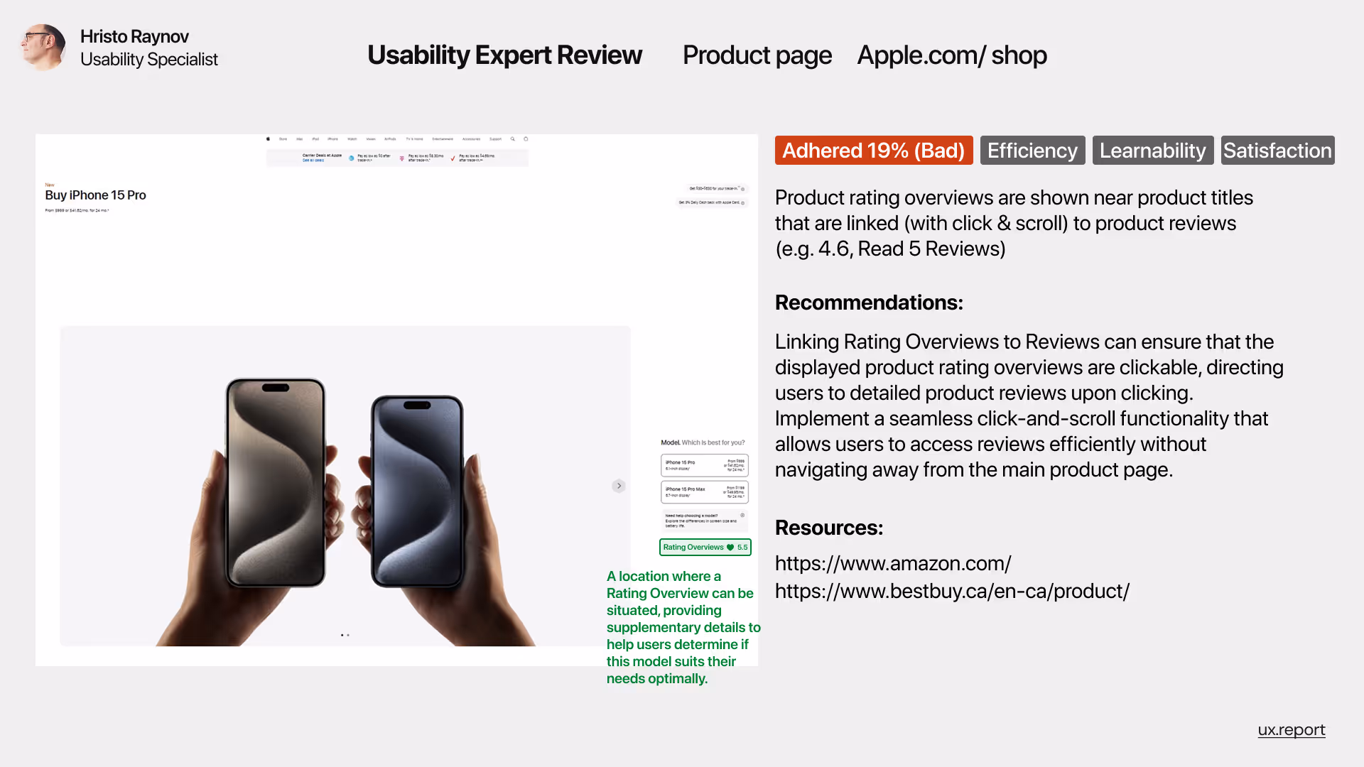 UX evaluation of Apple.com/shop’s product page highlighting a usability issue where product rating overviews are shown but not clearly clickable or intuitive. The page received a 19% (Bad) score in efficiency, learnability, and satisfaction. Recommendations include enabling seamless click-and-scroll from rating summaries to detailed reviews to improve the user experience.