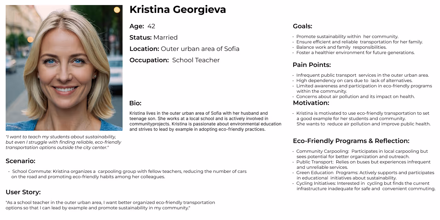 User persona for Kristina Georgieva, a 42-year-old married school teacher living in the outer urban area of Sofia, featured in a 2025 UX case study on sustainable transportation. Kristina is passionate about sustainability and environmental education, and organizes a carpooling group with fellow teachers. Her goals include promoting sustainability in her community and reducing her family's environmental footprint. Key pain points include limited public transport options, high car dependency, and poor visibility of eco-friendly programs. Kristina is motivated to lead by example and supports structured initiatives that empower others to adopt green commuting habits.