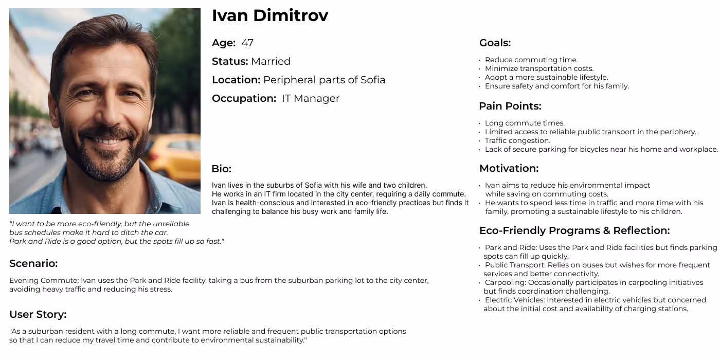 User persona for Ivan Dimitrov, a 47-year-old married IT Manager living in the peripheral parts of Sofia, featured in a 2025 UX case study focused on sustainable transportation. Ivan commutes daily to the city center using a Park and Ride system and faces long travel times, limited access to public transport, and lack of safe cycling infrastructure. His goals include reducing commute stress, adopting a healthier lifestyle, and spending more time with his family. Ivan is motivated by environmental concerns and personal well-being. He supports improvements such as more frequent buses, expanded Park and Ride options, and better access to electric vehicles and bike lanes.