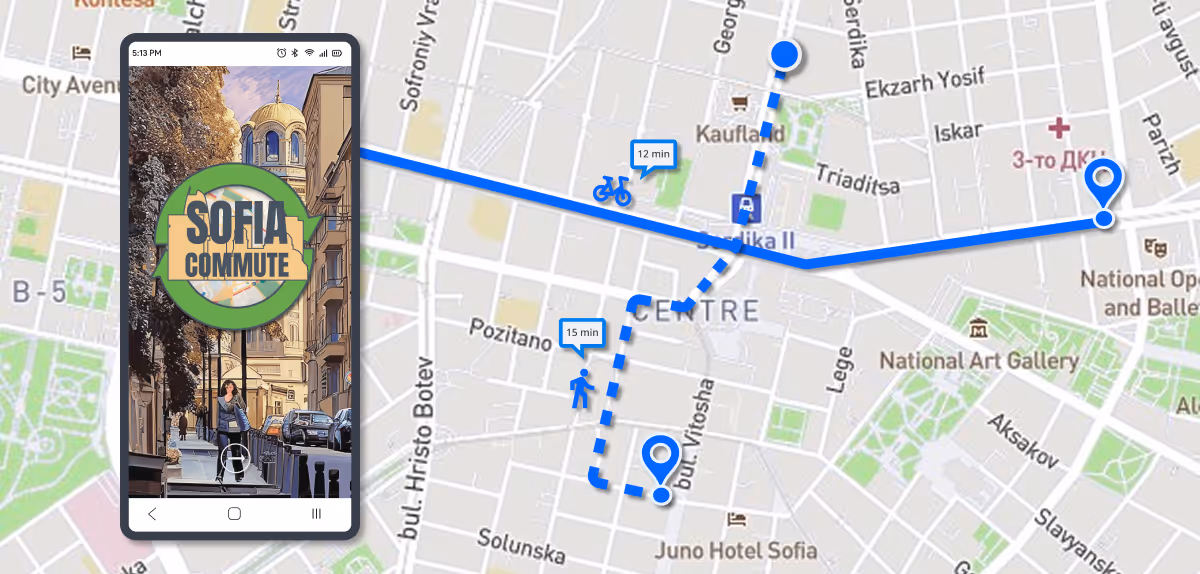 Visual banner related to a detailed case study of the "Sofia Commute" mobile app. The image features a stylized city scene of Sofia on a smartphone mockup, with a bold Sofia Commute logo, placed next to a map showing a mixed bicycle and walking route through central Sofia. The design suggests a UX project focused on optimizing urban commuting experiences in the Bulgarian capital.