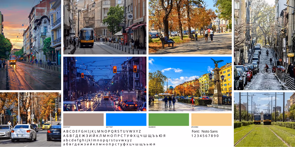 Moodboard showing visual inspiration for the Sofia Green Commute app. It includes images of urban transportation in Sofia such as trams, buses, cyclists, pedestrians, and city streets in different seasons and times of day. The board also presents a clean color palette (with green, blue, and earthy tones), typeface selection (Noto Sans), and Cyrillic and Latin alphabet samples, reflecting the app’s user-centric, eco-conscious design direction.