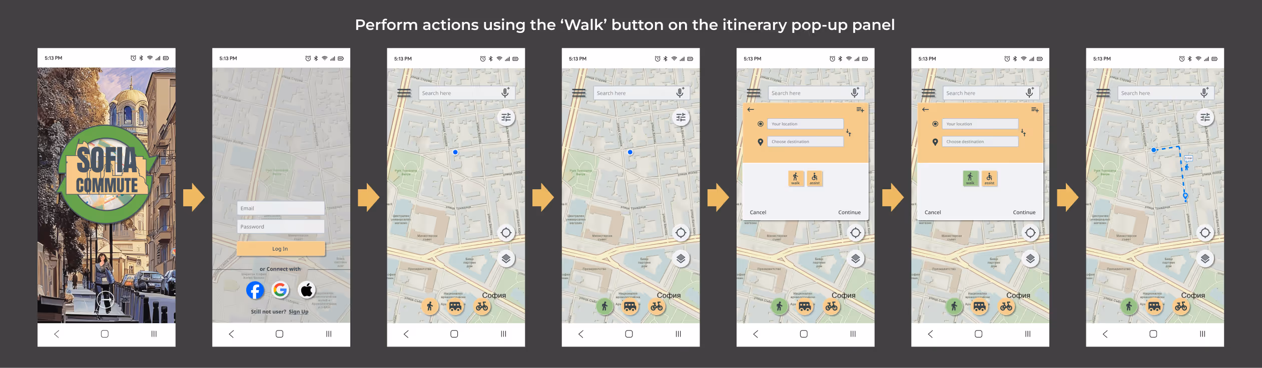 User interface flow of the Sofia Commute app demonstrating walking navigation. The sequence shows the user logging in, accessing the map screen, selecting the ‘Walk’ button from the bottom panel, inputting departure and destination locations in a pop-up itinerary panel, and viewing the generated walking route displayed on the map. This flow illustrates how the app supports eco-friendly, pedestrian-focused navigation for sustainable urban travel in Sofia.