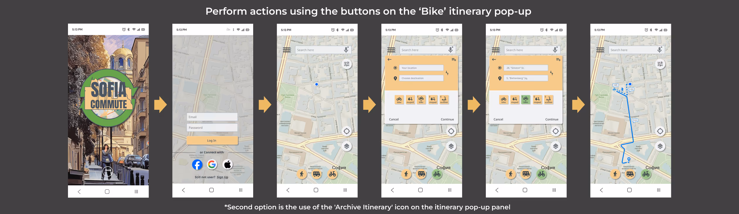 A user interface sequence of the Sofia Commute app demonstrating the bike route planning flow. It starts from the login screen, proceeds to the home map, then to the bike itinerary pop-up where the user enters starting and destination points. Bike-specific options are presented, and upon confirmation, the selected cycling route is displayed on the map. This feature supports eco-friendly commuting by offering intuitive access to bicycle navigation in Sofia.