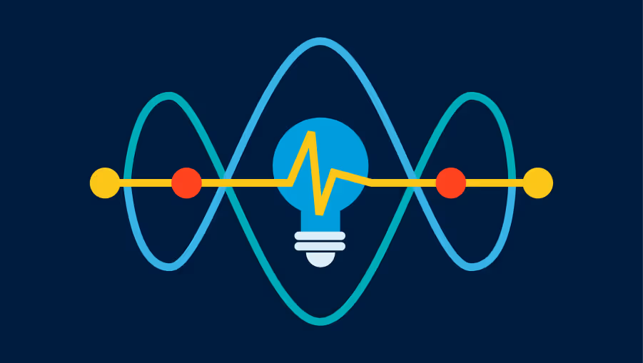 A static logo designed for a physics tutorial website, featuring a light bulb in the center with a yellow zigzag line symbolizing an electric pulse. Two overlapping sinusoidal waveforms in cyan and light blue represent electromagnetic waves or oscillations. A straight yellow line with red and yellow dots intersects the design, suggesting discrete energy levels or signal points. The composition visually conveys physics concepts such as wave-particle duality, energy transmission, and scientific innovation.