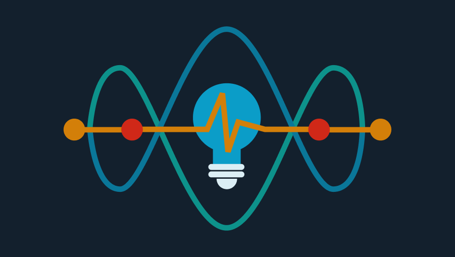 An animated logo designed for a physics tutorial website, featuring a light bulb at the center with a yellow zigzag line symbolizing an electric pulse. Two overlapping sinusoidal waveforms in cyan and blue represent electromagnetic waves or oscillations. A straight yellow line crosses through the center with red and yellow nodes, suggesting energy levels, quantum states, or data points. The composition visually communicates core physics concepts like wave-particle duality, signal transmission, and innovation.