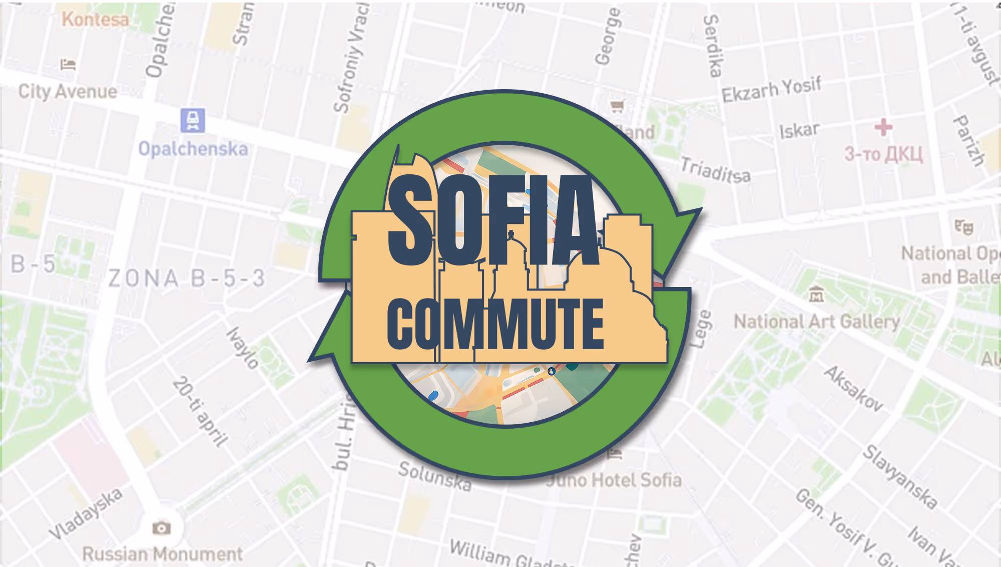 Final logo of Sofia Commute displayed over a city map of Sofia. The logo features a green circular arrow symbolizing movement and commuting, a skyline silhouette of iconic Sofia buildings in beige, and the bold text "SOFIA COMMUTE" in Anton font, representing urban mobility and the city’s transportation identity.