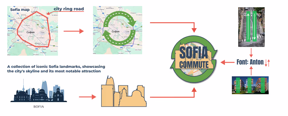 Concept breakdown for the Sofia Commute logo design. The image includes a map of Sofia with the city ring road highlighted, a green circular arrow symbolizing mobility, and silhouettes of iconic Sofia landmarks. The central logo integrates these elements with the bold “Sofia Commute” text in Anton font. Surrounding visual references include road markings and residential blocks, contributing to the urban commuting theme.