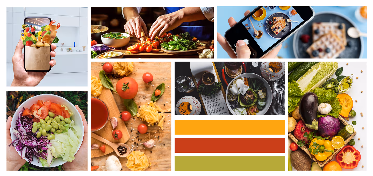 Moodboard collage showing vibrant food-related imagery including fresh vegetables, hands preparing meals, smartphone food photography, and pasta ingredients. Includes a color palette with orange, red, and green tones, emphasizing health, freshness, and creativity in cooking. Represents the visual inspiration and tone for a meal kit subscription platform.
