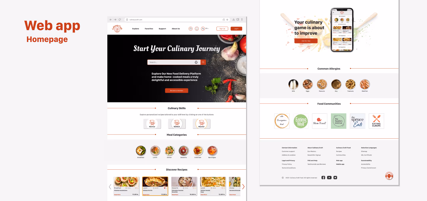 Screenshot of the web application's homepage for Culinary Craft. The layout features a dark hero section with a search bar, interactive icons for culinary skills and food categories, recipe thumbnails, and a footer with food-related filters and mobile app promotion.