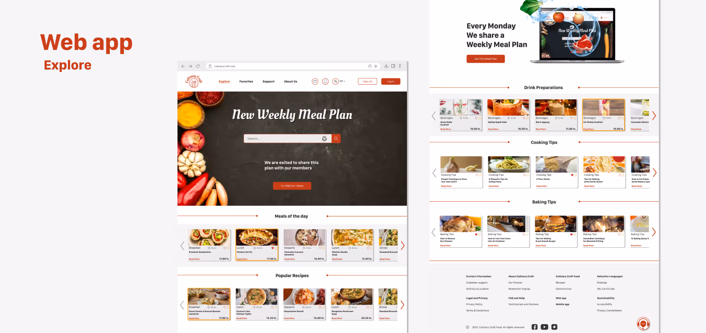 Explore section of the Culinary Craft web app featuring a weekly meal plan. The screen displays a prominent search field, food category filters, and horizontal carousels of recipe cards grouped by type—such as preparation, cooking tips, and baking. A highlighted banner promotes the weekly plan feature.