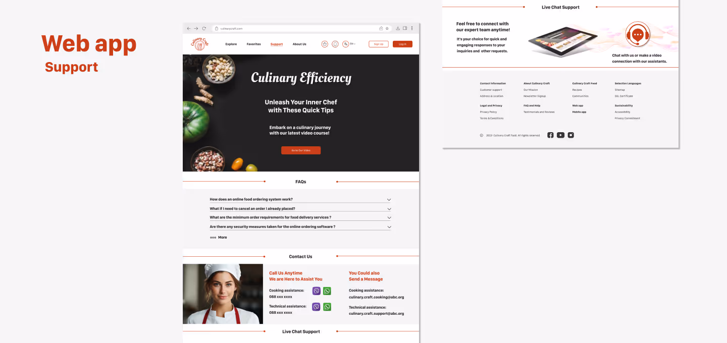 Support page of the Culinary Craft web application. The screen includes a hero section titled “Culinary Efficiency,” a FAQ accordion with common questions, live chat support prompts, and visual contact options including a chef avatar and messaging buttons for WhatsApp, email, and phone.