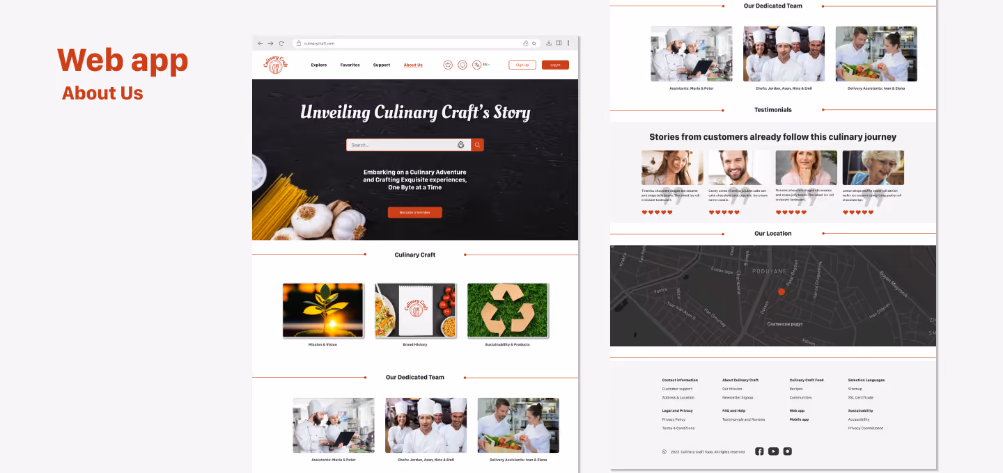 About Us page of the Culinary Craft web application showing a hero section with a tagline, introduction to the culinary mission, spotlight cards for values and practices, team member photos, customer testimonials with star ratings, and an embedded location map.