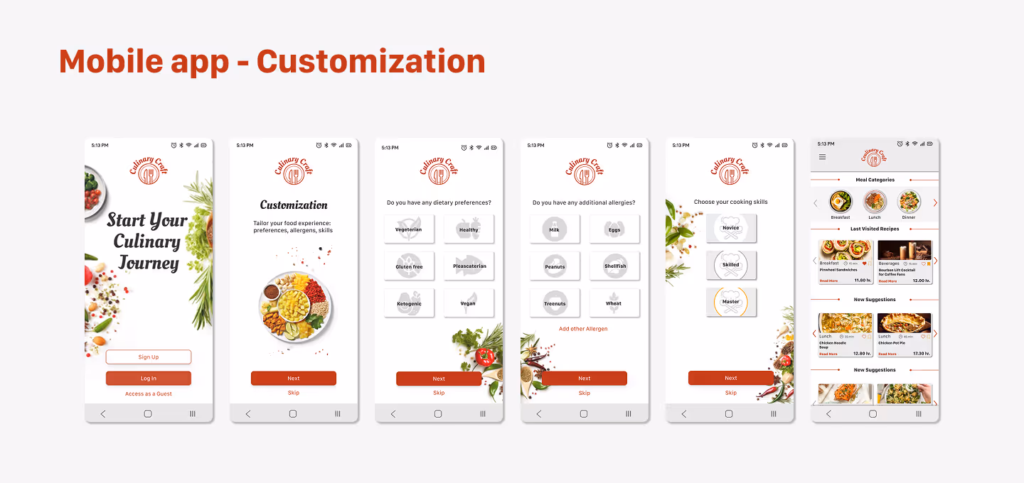 Mobile app screens showing the step-by-step customization and onboarding flow for a culinary app. Users select their dietary preferences, cuisines, meal types, and favorite dishes to receive personalized meal recommendations.