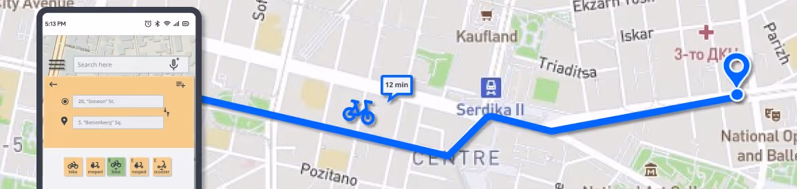 Image showing the Sofia Commute app interface with routes selected from the home screen. The map highlights the paths from the starting point to the destination across central Sofia. A clickable hotspot on the app interface links to the Figma prototype, where users can explore and interact with the app’s key features and UI elements in detail.