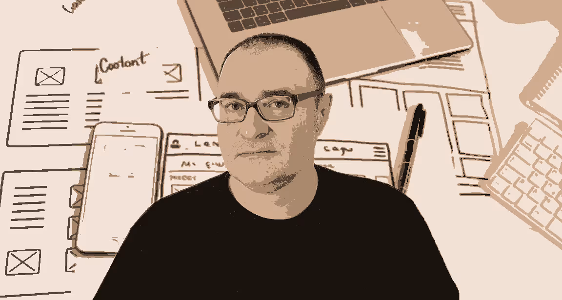 Hristo Raynov, UX UI Designer, in front of wireframes and design tools.
