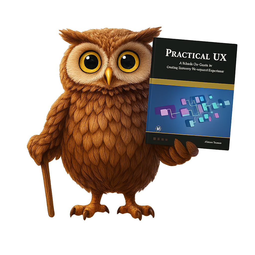 Accessibility Book Club Owl holding a copy of Practical UX book