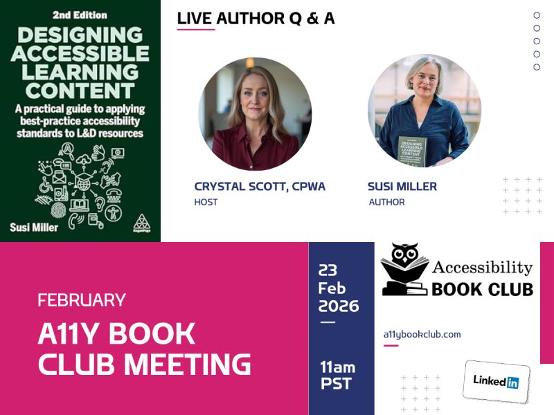 February Accessibility Book Club Live Author Q&A with Susi Miller hosted by Crystal Scott CPWA
