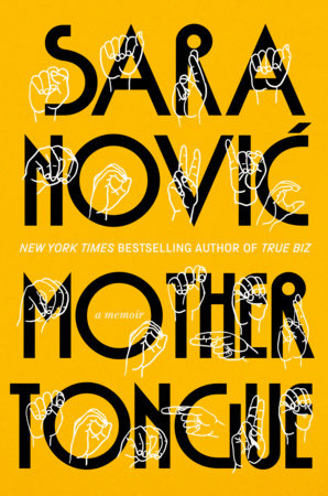 Mother Tongue cover: heavy black title on bright yellow overlaid with white line drawings of hands signing