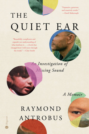 The Quiet Ear cover: thin serif title on cream with circular photo cutouts of faces and overlapping pastel shapes