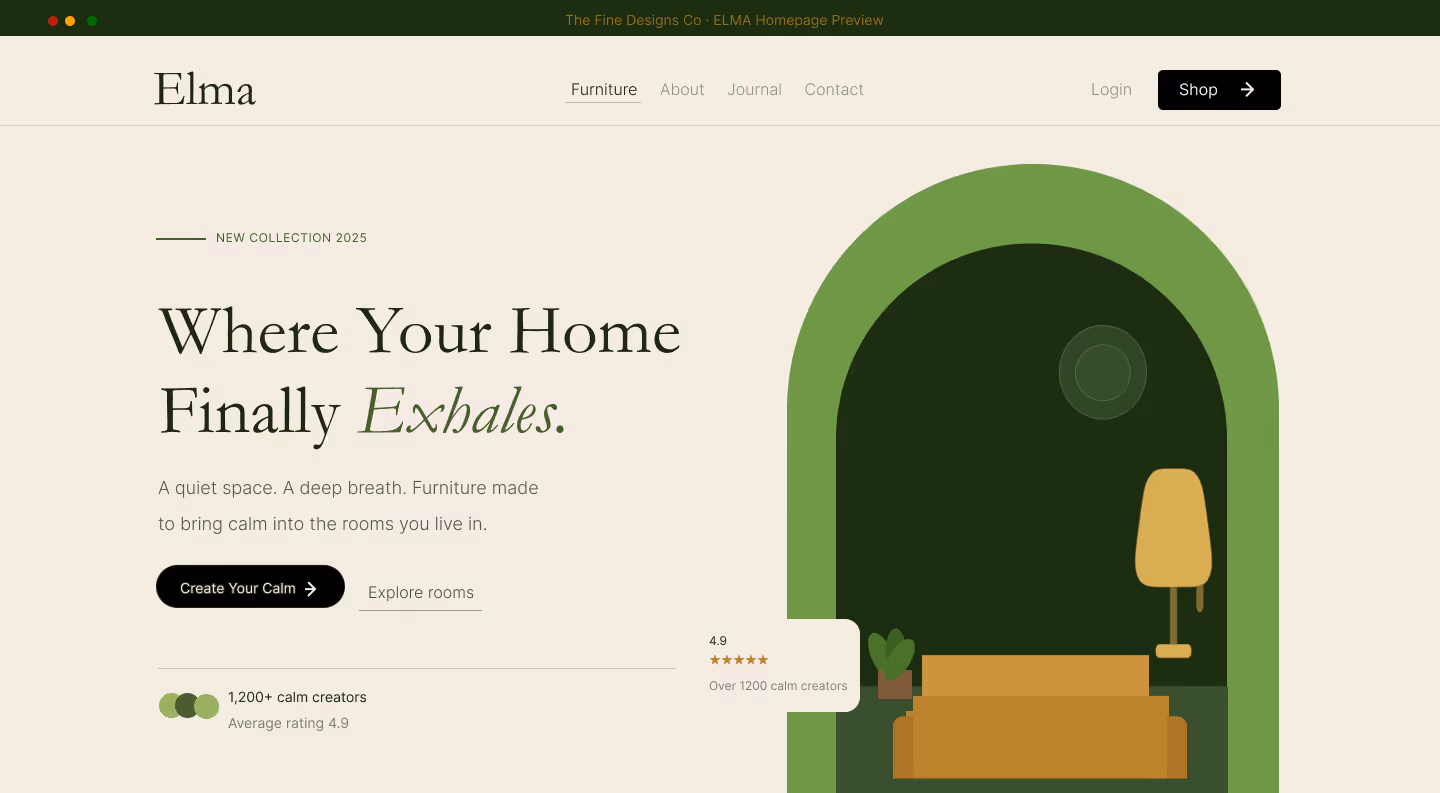Homepage preview for ELMA, a calm furniture and home brand with an arched green visual, soft cream background, serif headline, and warm interior-inspired design elements