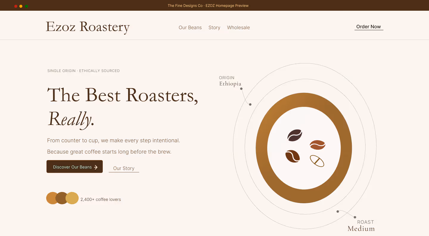Homepage preview for EZOZ Roastery, a premium coffee brand with warm cream and brown colours, serif typography, circular coffee bean graphic, and single-origin product details