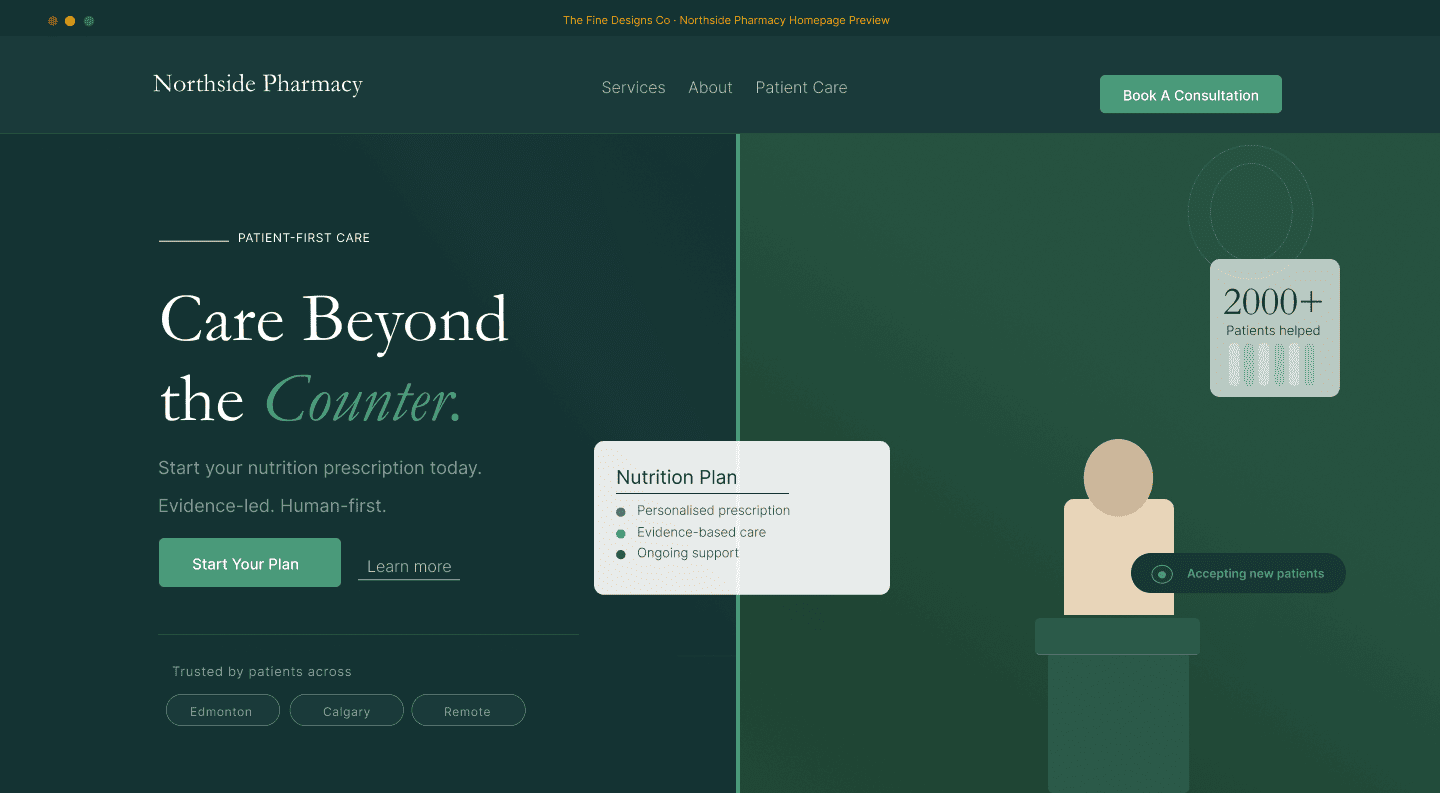 Homepage preview for Northside Pharmacy, a patient-first healthcare website with dark green background, nutrition plan card, trust details, and a calm geometric care-focused visual