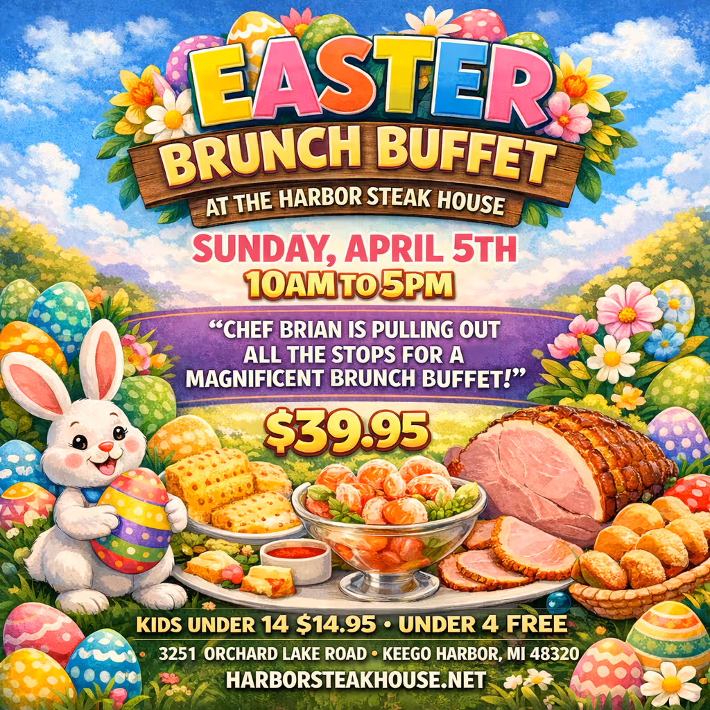 Colorful Easter Brunch Buffet advertisement at Harbor Steak House on Sunday, April 5th from 10 AM to 5 PM, featuring a bunny holding an Easter egg and a buffet spread with ham, shrimp, bread, and rolls, priced at $39.95.
