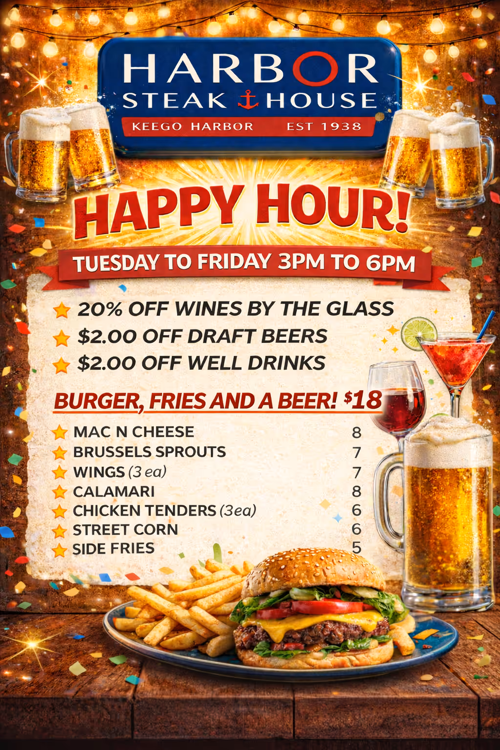 Happy Hour menu at Harbor Steakhouse with discounts on wines, draft beers, well drinks, and a burger, fries, and beer deal for $18, available Tuesday to Friday 3PM to 6PM.