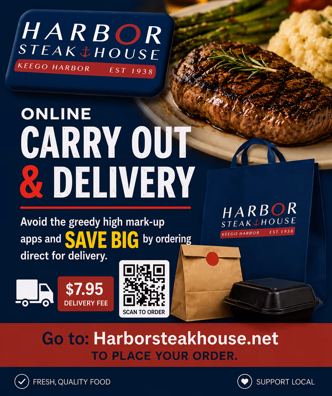 Steak meal with veggies and Harbor Steak House promotion for online carryout delivery with $7.95 fee.