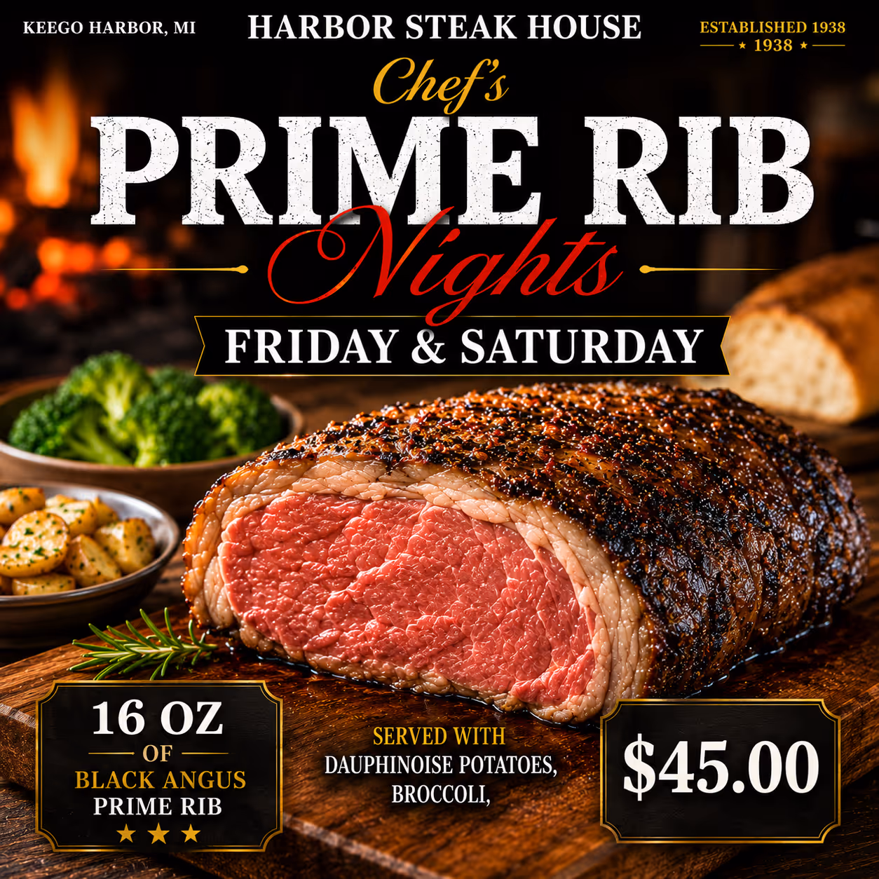 16 oz Black Angus prime rib with dauphinoise potatoes and broccoli at Harbor Steak House for $45.